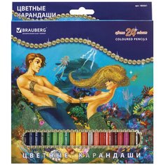 Карандаши цветные BRAUBERG "Морские легенды" 24 цвета заточенные картонная упаковка с блестками, 3 шт