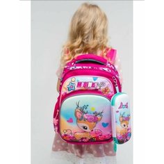 Школьный рюкзак для девочки с пеналом цвета фуксия. Рюкзак с олененком. Школьный портфель для девочки Lukky