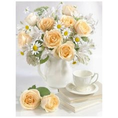 Алмазная мозаика 40x50 см. на холсте с подрамником (картина стразами, алмазная вышивка) Бежевые розы с чайной чашкой Boom Boom Shop