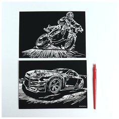 Набор гравюр А5 «Автомобиль и мотоцикл» 2 шт, с металлическим эффектом «серебро»