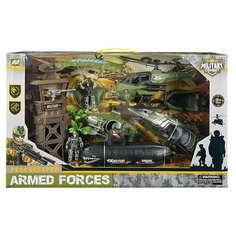 Набор "Военная база" BATTLE PIONEER (10 предметов) в коробке солдат, парашютист, вышка, пальма, вертолет, субмарина, лодка(3) Китай