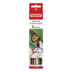 Карандаши цветные 6 цветов Пифагор "Бабочки" (L=176мм, d=3мм, 6гр) картон (181350), 48 уп.