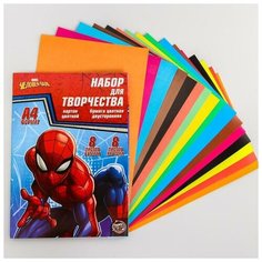 MARVEL Набор "Герой" А4: 8 листов цветного одностороннего мелованного картона и 8 листов цветной двусторонней бумаги "Человек-паук"