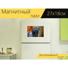 Магнитный пазл "Кисть, раскраска лица, макияж" на холодильник 27 x 18 см. Lots Prints