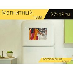 Магнитный пазл "Индийский, сари, голуби" на холодильник 27 x 18 см. Lots Prints
