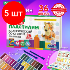 Комплект 5 шт, Пластилин классический BRAUBERG KIDS, 36 цветов, 540 грамм, стек, высшее качество, 106678