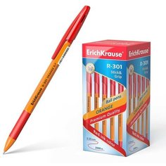 Ручка шариковая Erich Krause R-301 Orange Stick & Grip, узел 0.7 мм, чернила красные, резиновый упор, длина линии письма 1000 метров, 50 штук