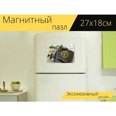 Магнитный пазл "Геокешинг, тайник, находясь в поиске" на холодильник 27 x 18 см. Lots Prints