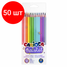 Комплект 50 шт, Карандаши цветные пастельные CARIOCA "Pastel", 12 цветов, шестигранные, заточенные, ПВХ чехол, 43034
