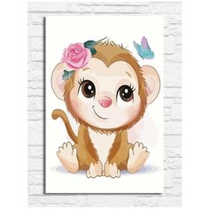 Картина по номерам на холсте Милая обезьянка с бабочкой (для начинающих, для детей) - 9137 В 20x30