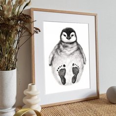Картина Метрика Отпечаток ножки слепок для новорожденного Пингвин Пяточки ладошки