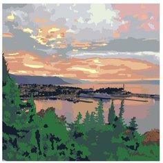 Картина по номерам, "Живопись по номерам", 100 x 100, ETS258-4040, природа, городской, пейзаж, вечер, река, романтика, деревья, закат