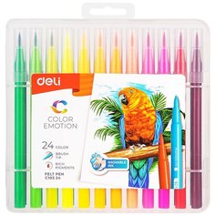 Deli Фломастеры EC10324/A, 24 цвета Color Emotion кисть, смываемые, пластиковый пенал