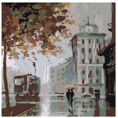 Картина по номерам, "Живопись по номерам", 40 x 40, AB10, дождь, городской пейзаж, трамвай, люди, зонт, осень, дерево, листья, здания