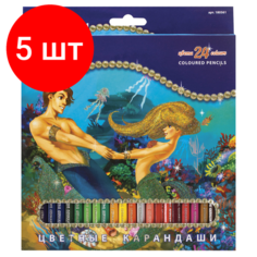 Комплект 5 шт, Карандаши цветные BRAUBERG "Морские легенды", 24 цвета, заточенные, картонная упаковка с блестками, 180561