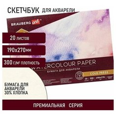 Альбом для акварели хлопок 30%, 300 г/м2, 190х270 мм, среднее зерно, 20 листов, склейка, BRAUBERG ART, 113219