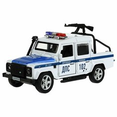 Модель машины Технопарк Land Rover Defender пикап, Полиция, белая, с пулеметом, инерционная, свет, звук DEFPICKUP-12SLPOL-ARMWH