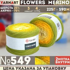 Пряжа YARNART Flowers Merino (YarnArt), аспараг/желт/суров - 549, 25% шерсть, 75% акрил, 2 мотка, 225 г, 590 м.