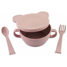 Набор детской ЭКО посуды (миска с крышкой, ложка и вилка) розовый, Little Angel