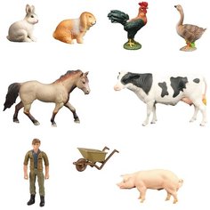 Фигурки животных серии "На ферме": Лошадь, корова, свинья, 2 кролика, гусь, петух, фермер, тележка (набор из 9 предметов) Masai Mara