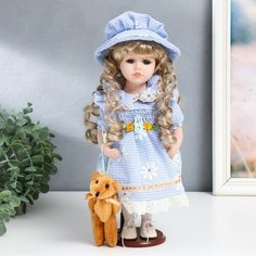 Кукла коллекционная керамика "Маша в голубом платье в клетку с ромашками, в шляпке" 30 см Мастер
