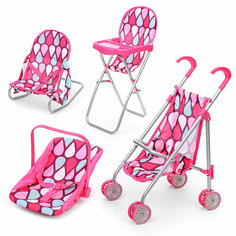 Набор аксессуаров для кукол (стульчик для кормления, коляска, шезлонг, люлька для переноски), цвет розовая капля Melobo / Melogo