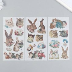 Наклейки для творчества бумага "Кошечки и кролики" набор 3 листа 10х20 см Miki Market