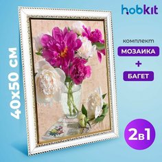 Алмазная мозаика полная выкладка HOBKIT "Букет пионов 40х50+Багет белый " 50х40 размер холста,