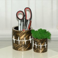 Подарок врачу: Подставки-цилиндры для канцелярии с ЭКГ // Размер L и M // Цвет черное золото Нет бренда