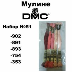 Нитки мулине DMC Embroidery для вышивания / Набор №51 / цвета 902, 891, 893, 754, 353