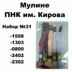 Нитки мулине ПНК им. Кирова для вышивания / Набор №31 / цвета 1508, 1303, 0800, 2402, 2302