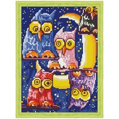 Алмазная мозаика Цветной «Совушки на луне» (30х40 см, полная выкладка, круглые прозрачные стразы)