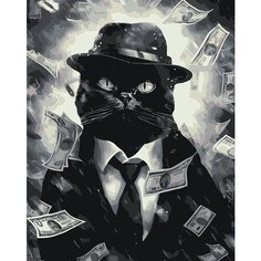 Картина по номерам ЖПН "Черный кот-гангстер с деньгами", Раскраска 40x50 см, Коты