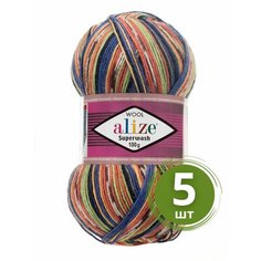 Пряжа Alize Superwash 100 (Ализе Супервош) - 5 мотков, цвет: зеленый оранжевый синий (2701), 75% шерсть супервош, 25% полиамид, 420м/100г