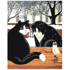 Картина по номерам, "Живопись по номерам", 80 x 100, A76, два чёрных кота, улица, снег, животные, птица, свисток, рисунок