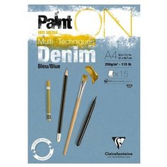 Скетчбук - альбом для смешанных техник 15л, А4 Clairefontaine "Paint ON Denim Blue", на склейке, 250г/м2, джинсовый