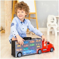 Детская машинка серии "Мой город" (Автовоз - кейс 64 см, красный, с тоннелем. Набор из 6 машинок, 1 фуры и 12 дорожных знаков) G205-003 Givito