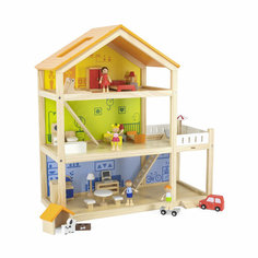 Игровой набор Viga Toys Деревянный трехэтажный дом для кукол с мебелью и фигурками, VG44569 Vigatoys