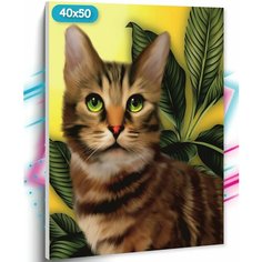Алмазная мозаика на подрамнике "Кот" , 40х50 см, Вышивка круглыми стразами, Набор для творчества, Полная выкладка "ТТ", с кошкой TT