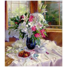 Алмазная мозаика на подрамнике по номерам, Алмазная вышивка, Картина стразами 40*50см "Лилии на террасе" С. Горячева Egoist