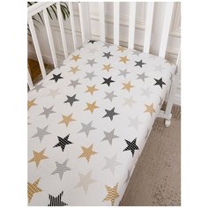 Простыня на резинке Baby Nice 120*60, бязь, "Звезды серые", белый