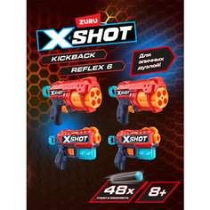 Игровой набор из 4-х бластеров ZURU X-SHOT Комбо: 2 Кикбэк и 2 Рефекс, с мягкими дротиками в комплекте (48 шт.), 36234