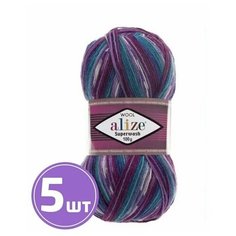 Пряжа для вязания крючком, спицами Alize Ализе Superwash100, тонкая/шерсть/полиамид, цвет 4412, фиолетово-бирюзово-синий, 5 шт. по 100 г, 420 м