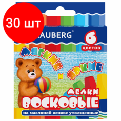 Комплект 30 шт, Восковые мелки утолщенные BRAUBERG, набор 6 цветов, на масляной основе, яркие цвета, 222969