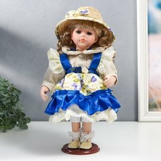 Кукла коллекционная керамика "Алиса в синем платье с цветами, в соломенной шляпке" 30 см Россия