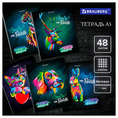 Тетрадь А5, 48 л, BRAUBERG, скоба, клетка, матовая ламинация, выборочный лак, "Animals Pop-Art", 404374