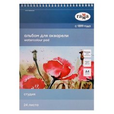 Альбом для Акварели А4 (210 х 297 мм), 200 г/м2, 24 листа, "Гамма. Студия", на гребне, среднее зерно Gamma