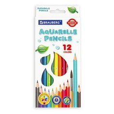 Карандаши цветные акварельные BRAUBERG PREMIUM AQUARELLE 12 цветов грифель мягкий 4 мм, 4 шт