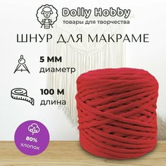 Шнур для макраме 80% хлопок 100м/ 5мм/ Красный/ Нитки для плетения панно Dolly