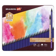 Карандаши художественные цветные акварельные BRAUBERG ART PREMIERE 24 цвета грифель 4 мм металл, 2 шт